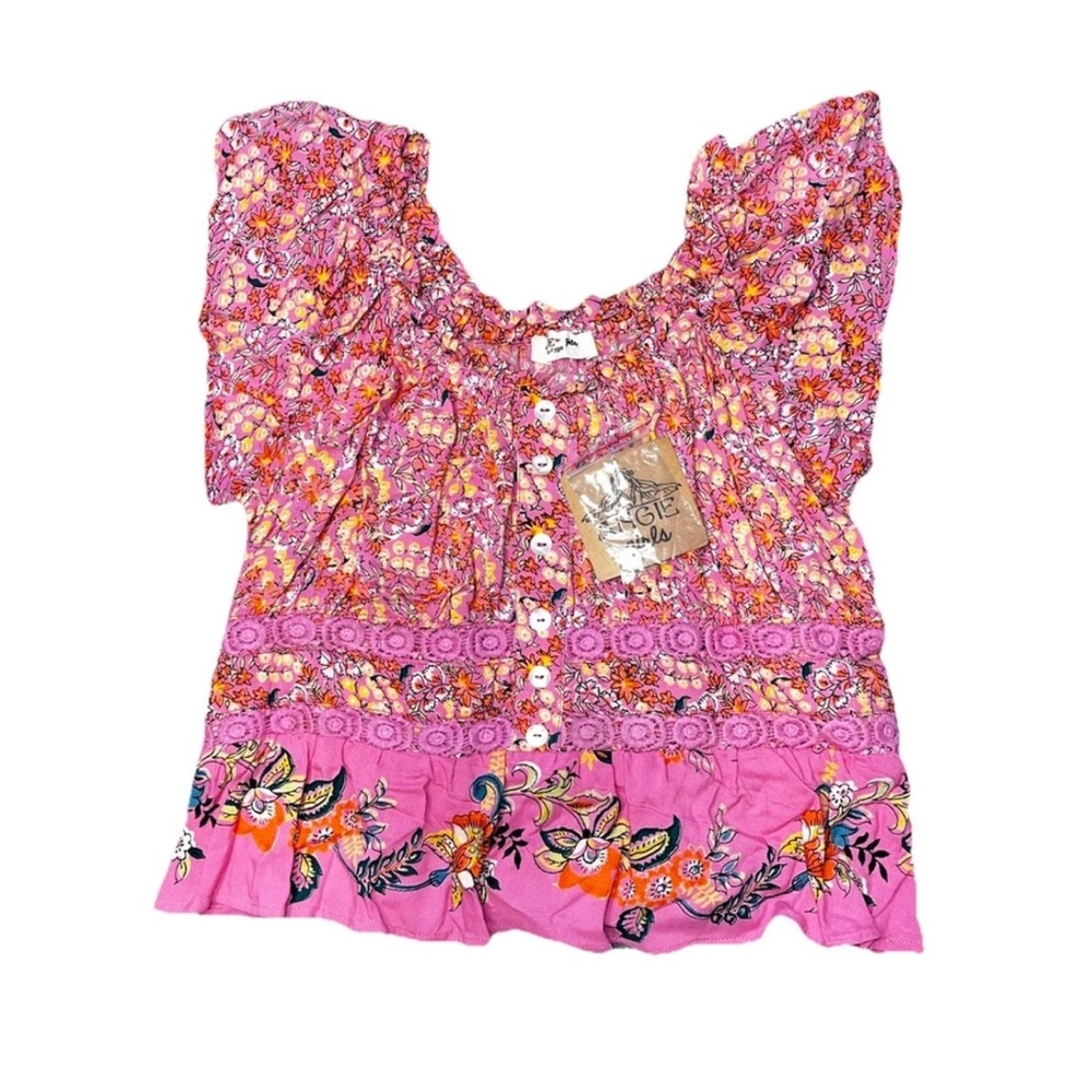 Angie Pink Bohemian Button Ruffle Blouse Girls XL Extra Large NWT